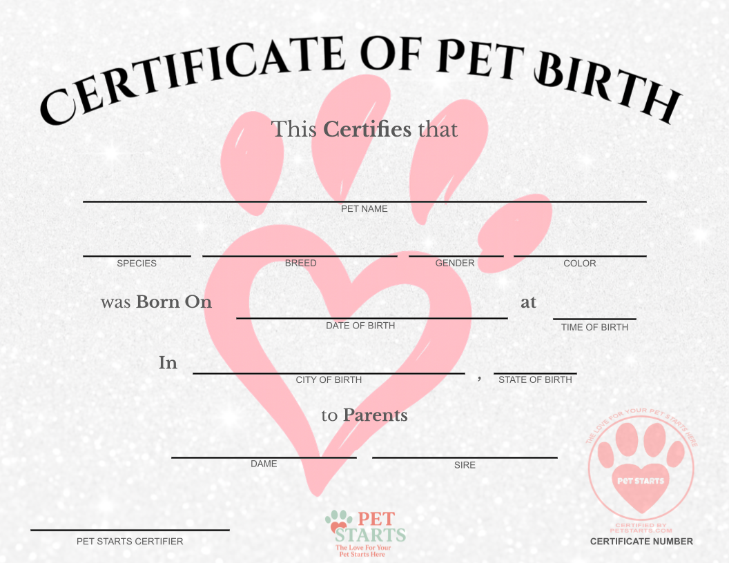 Original Pink Paw Print Pet Birth Certificate